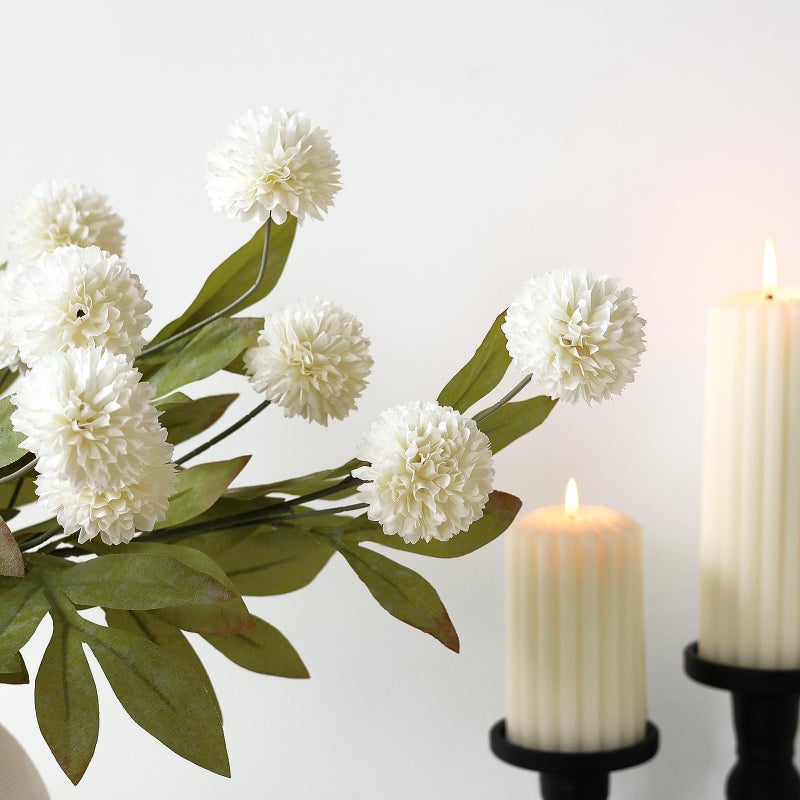 VIERENA 6 Pcs Faux Silk Pompon Mum Artificial Flowers for Vase -27", Bulk Fake Chrysanth Branches with Stems for DIY Bouquet Centerpieces Wedding Fillers Arrangements Shower Decorations (Cream) - Image 3