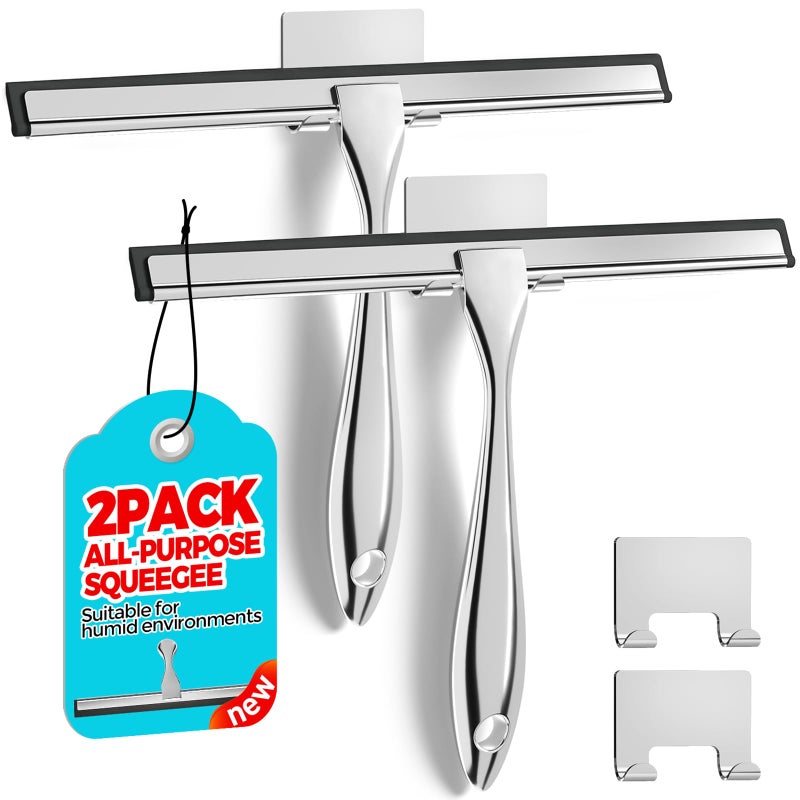 ALFLOD 2PACK Shower Squeegee for Glass Doors, Squeegee for Shower Glassï¼ŒAll-Purpose Tile Walls, Bathroom, Window, Glass and Car Windshield, Mirrors and Kitchen-Stainless Steel, 10 Inches, Silver - Image 1