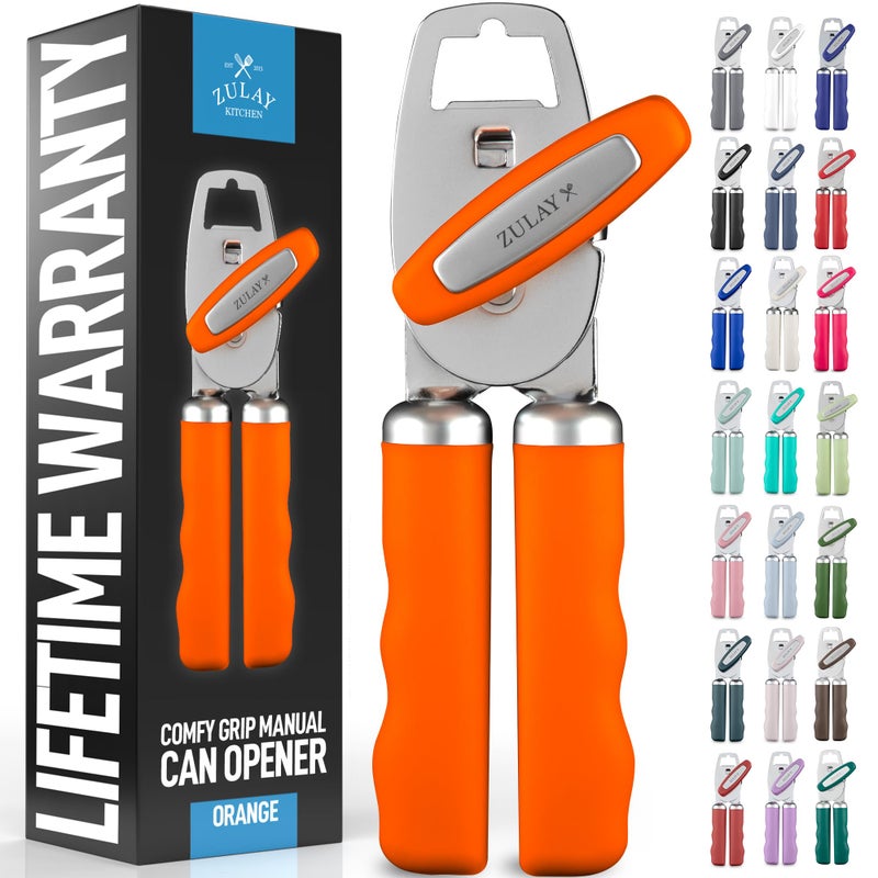 Zulay Kitchen Heavy Duty Stainless Steel Can Opener Manual With Bottle Opener - Rust Proof Manual Can Opener With Turn Knob & Comfy Soft Grip Handles - Orange - Image 1