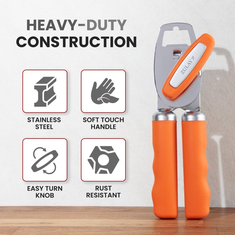 Zulay Kitchen Heavy Duty Stainless Steel Can Opener Manual With Bottle Opener - Rust Proof Manual Can Opener With Turn Knob & Comfy Soft Grip Handles - Orange - Image 3