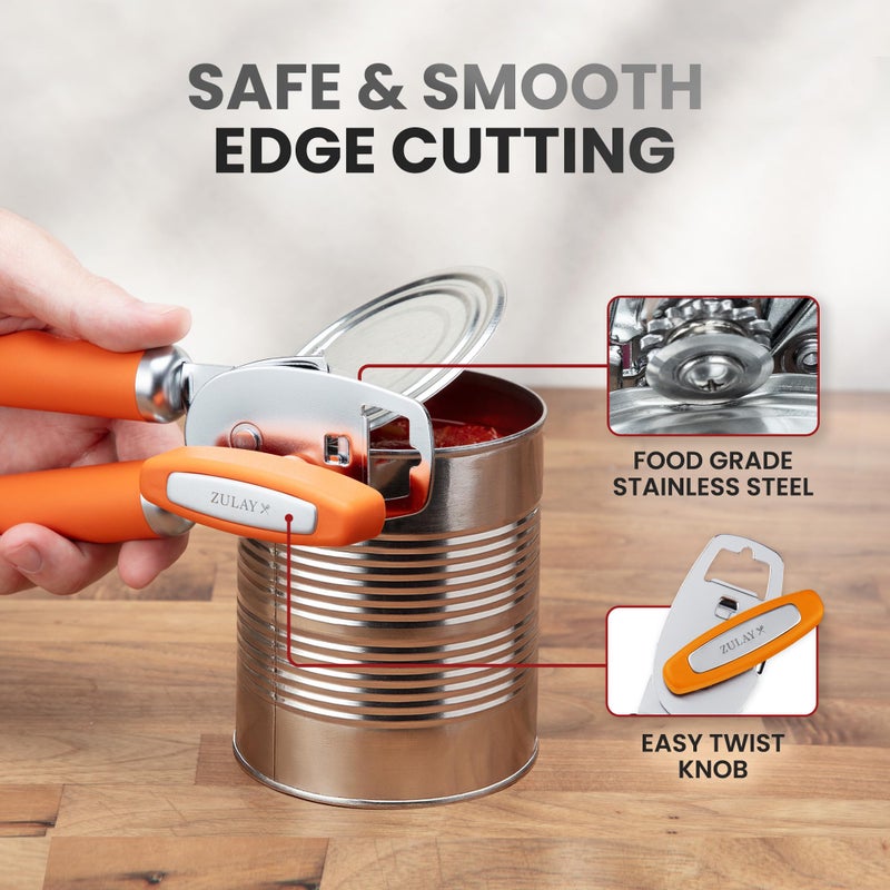 Zulay Kitchen Heavy Duty Stainless Steel Can Opener Manual With Bottle Opener - Rust Proof Manual Can Opener With Turn Knob & Comfy Soft Grip Handles - Orange - Image 4