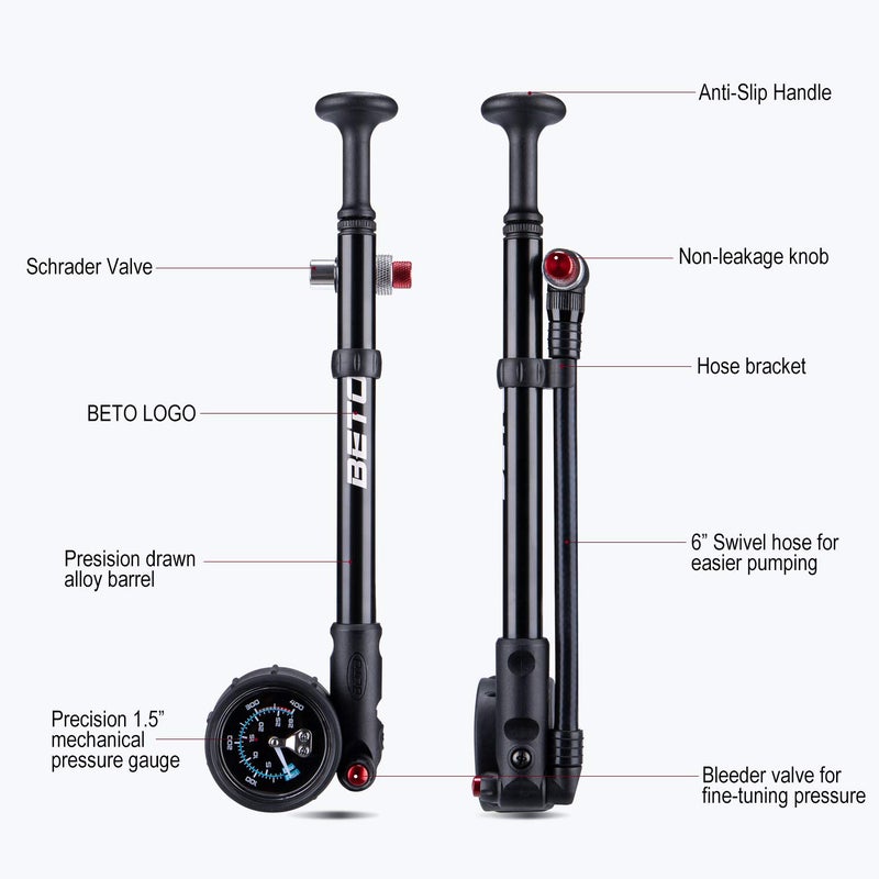 Beto مضخة صدمات عالية الضغط BETO - (400 PSI كحد أقصى) مضخة صدمات دراجة MTB للفرامل والتعليق الخلفي مع صمام شريدر بدون فقدان - Image 5
