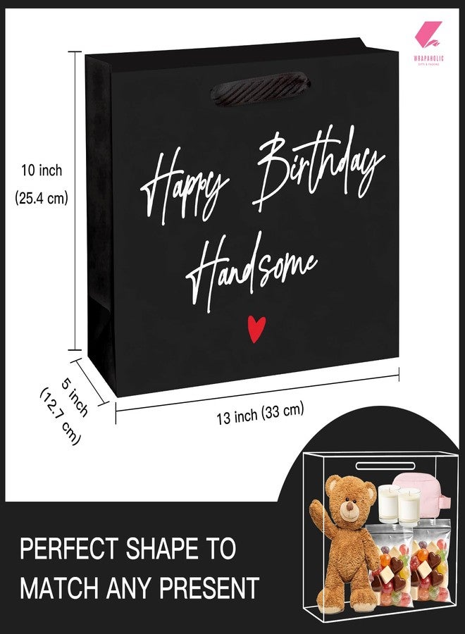 WRAPAHOLIC 13" Large Funny Birthday Gift Bag with Tissue Paper - Black Happy Birthday Handsome Lettering Paper Bags for Men, Husband, Boyfriend, Fiance and Crush - Image 2