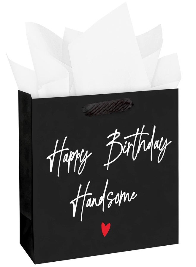 WRAPAHOLIC 13" Large Funny Birthday Gift Bag with Tissue Paper - Black Happy Birthday Handsome Lettering Paper Bags for Men, Husband, Boyfriend, Fiance and Crush - Image 1