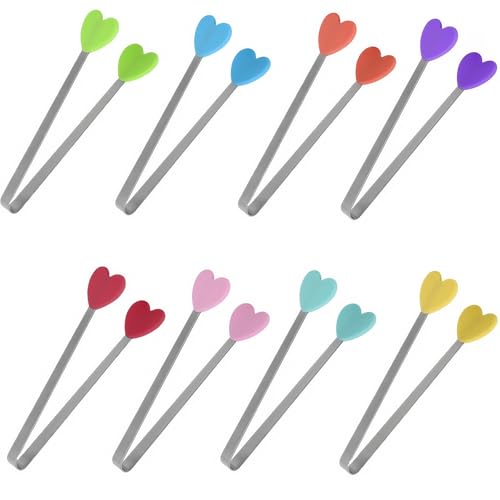 JXHAPY 8PCS Mini Food Tongs, Small Stainless Steel Tongs with Silicone Tips, for Ice Cube, fruits, Sugar, Barbecue, 5.3 inch，8 Colors (Heart shape) - Image 1