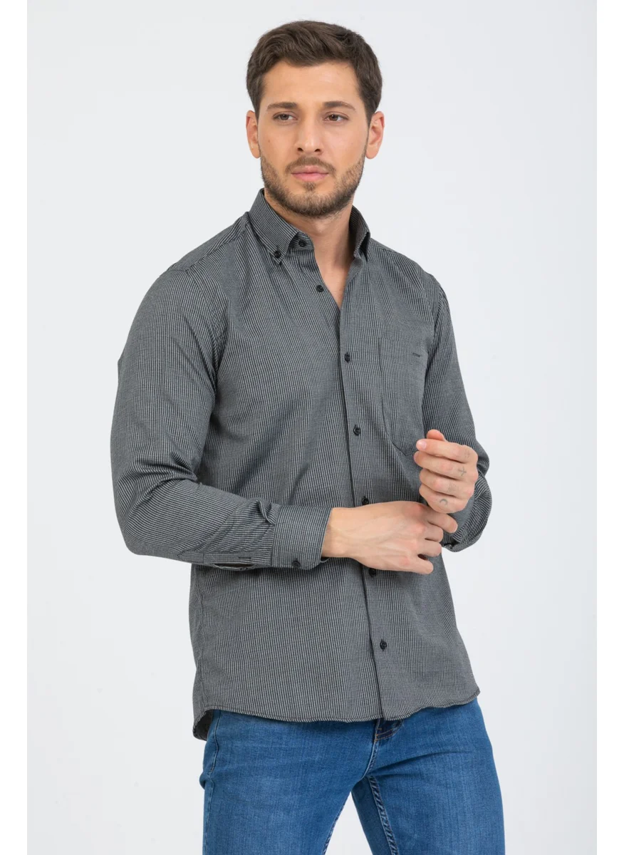 Varetta Men's Black Long Sleeve Striped Single Pocket Collar Buttoned Shirt