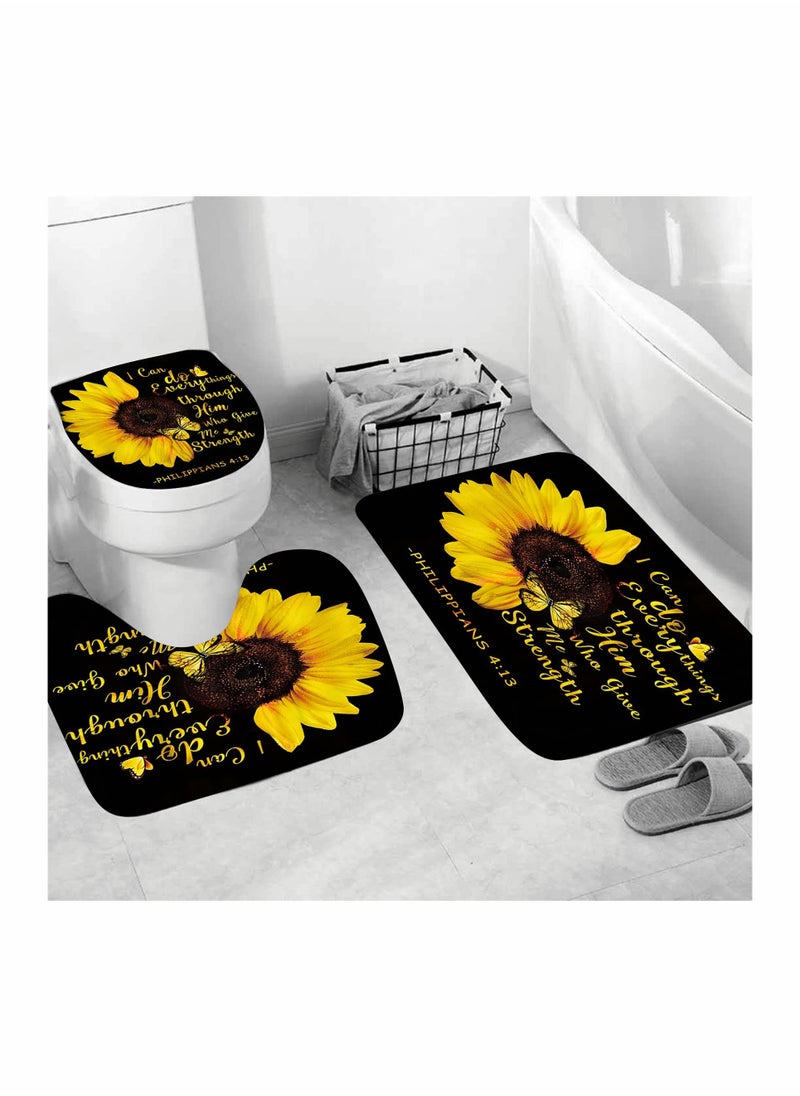 SYOSI - Sunflower Shower Curtain Sets,Quotes Butterfly Bathroom Decor Sets with Rugs Include Waterproof Shower Curtain Non-Slip Rug Toilet Lid Cover Bath Mat 4pcs - Image 1