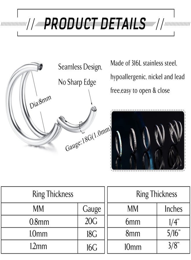 YADOCA 5Pcs 18G 16G Surgical Steel Nose Rings Hoops for Women Men Clicker Septum Hinged Segment Lip Nose Rings Helix Cartilage Conch Rook Earrings CZ Opal Body Piercing Jewelry 8mm 10mm - Image 2