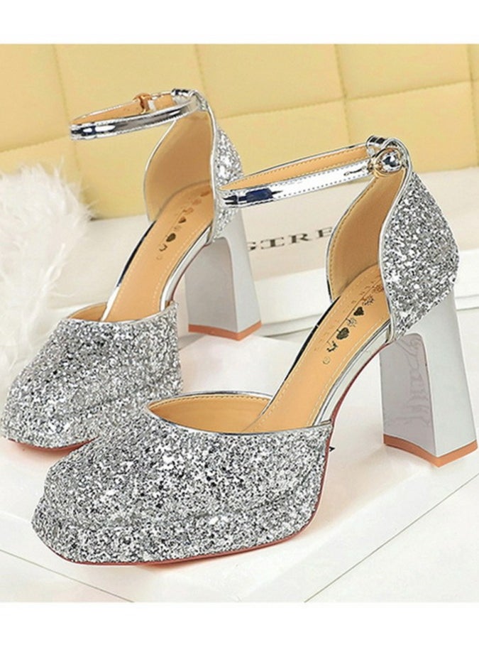 BIGTREE Womens Shiny Sequins Platform Chunky High Heel Square Closed Toe Ankle Strap Pumps Silver 9CM  - Image 1