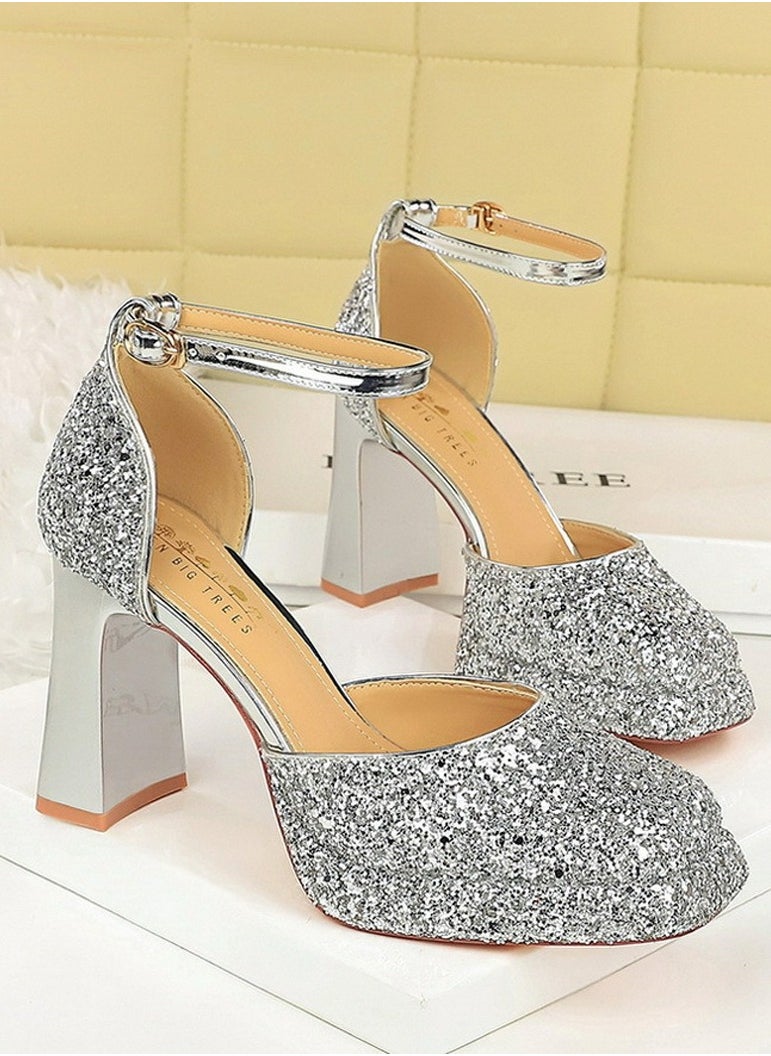 BIGTREE Womens Shiny Sequins Platform Chunky High Heel Square Closed Toe Ankle Strap Pumps Silver 9CM  - Image 2