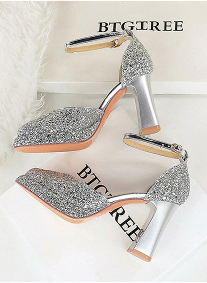 BIGTREE Womens Shiny Sequins Platform Chunky High Heel Square Closed Toe Ankle Strap Pumps Silver 9CM  - Image 3