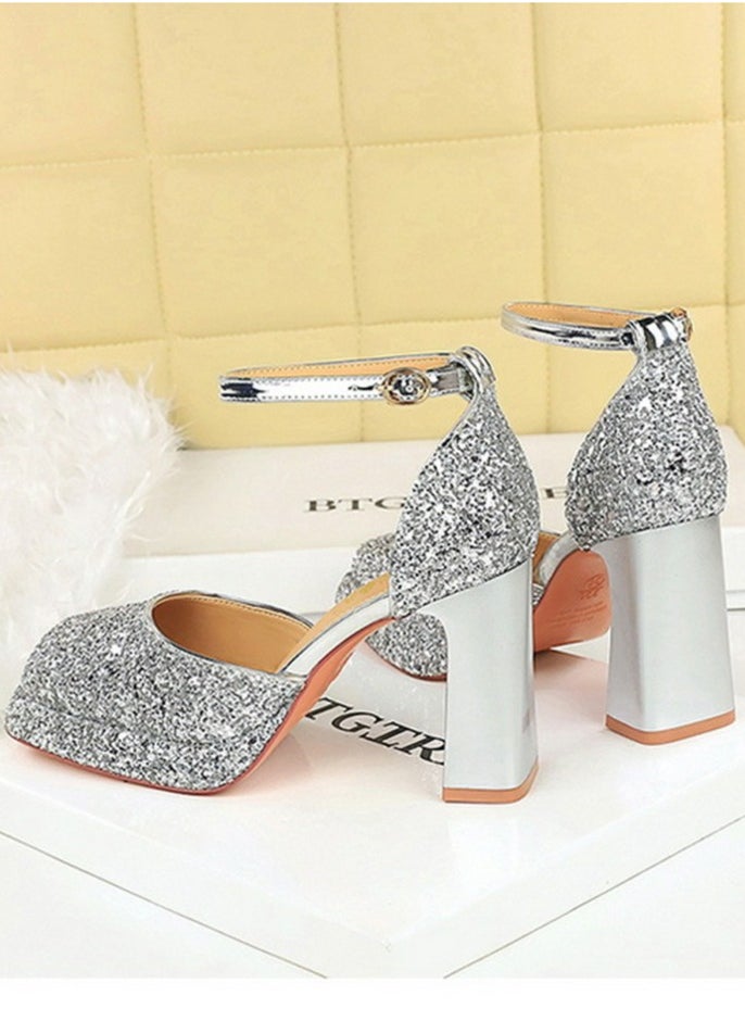 BIGTREE Womens Shiny Sequins Platform Chunky High Heel Square Closed Toe Ankle Strap Pumps Silver 9CM  - Image 4