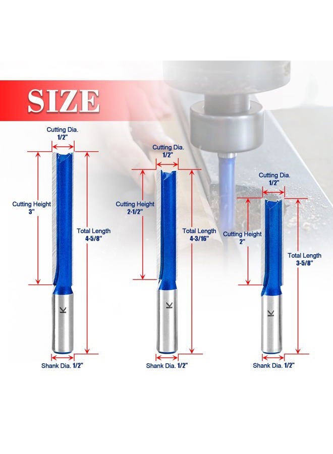 RURITKIT 3Pcs Extra Long Straight Router Bit Set 1/2 Shank, Carbide Tipped Double Flute Straight Bit Dado Straight Cut Router Bit for Woodworking, 2",2-1/2",3" Cutting Length,1/2" Cutting Dia. - Image 2