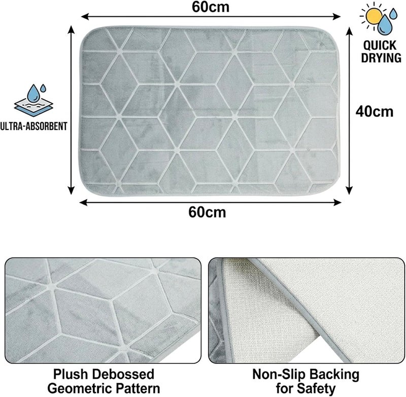كويزين أرت سجادة حمام من Cuisine Art: فائقة الامتصاص ومصنوعة من رغوة الذاكرة (Memory Foam) – مقاس 40×60 سم، بلون رمادي مخملي، مع بطانة خلفية مانعة للانزلاق – سريعة الجفاف، بتصميم هندسي بارز (منقوش) – سجادة أرضية ناعمة وزخرفية للاستحمام وحوض الاستحمام. - Image 3