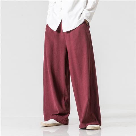 Chinese Style Cotton and Hemp Pants Mens Loose Wide Leg Pants Casual All-match Breathable plus size Fat Mens Pants Wine red - Image 1