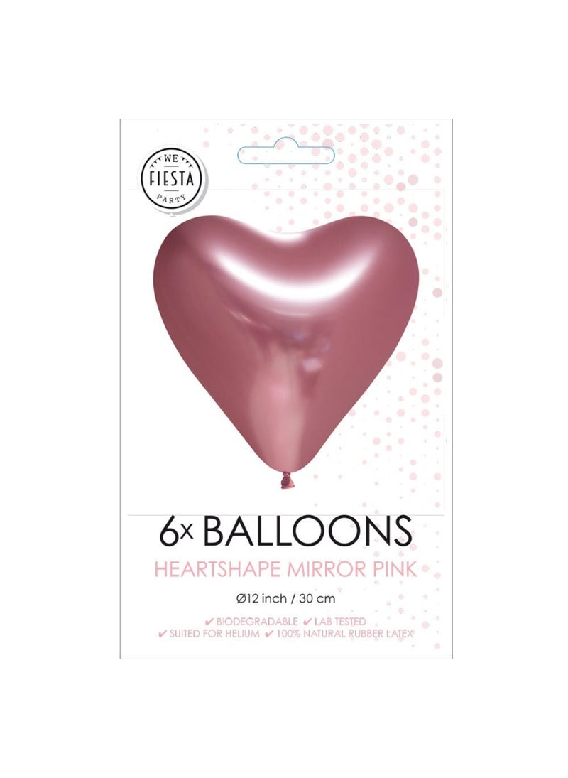 Globos Heart Shaped Chrome Mirror Balloons Pink 30cm 6-Pack - Image 2
