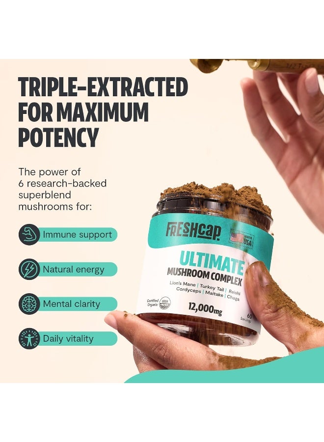 FreshCap Mushrooms Thrive 6 Powerful Mushroom Extract Powder - Lion's Mane, Reishi, Cordyceps, Chaga, Turkey Tail, Maitake - 60g - Image 4