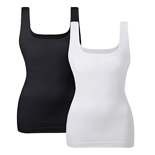 EUYZOU Women's 2PK Tummy Control Shapewear Tank Tops Seamless Square Neck Compression Tops Slimming Body Shaper Camisole-Black/White XL - Image 1