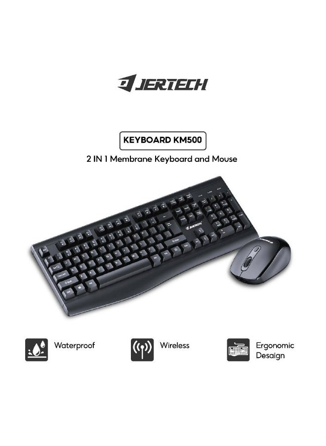 JERTECH - Geartech KM500 Waterproof Wireless Keyboard and Mouse Combo - Full-Size Design, 104 Keys and 4-Button Mouse - Silent Switches - Black - Image 1