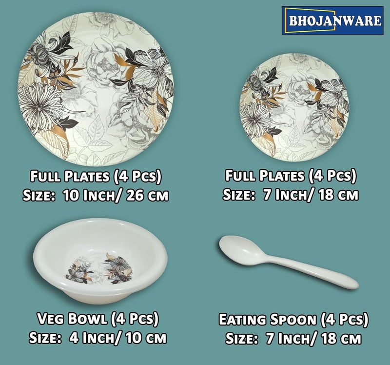 BHOJANWARE Your Dinning with Our 16Piece Melamine Dinner Set Includes 4 Full Plates 4 Half Plates 4 Bowls and 4 Spoon - Image 2