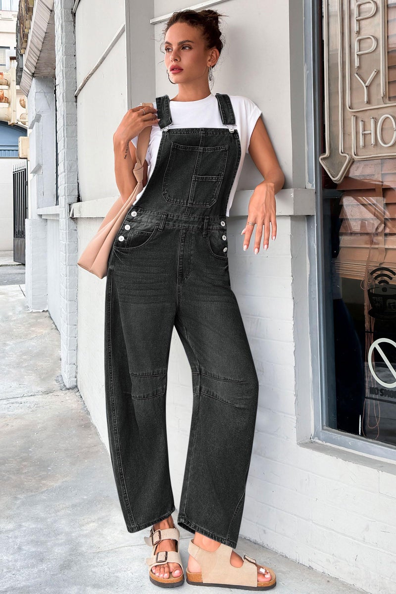 PLNOTME Womens Denim Bib Overalls Barrel Leg Adjustable Strap Jean Pants Jumpsuits with Pockets - Image 2