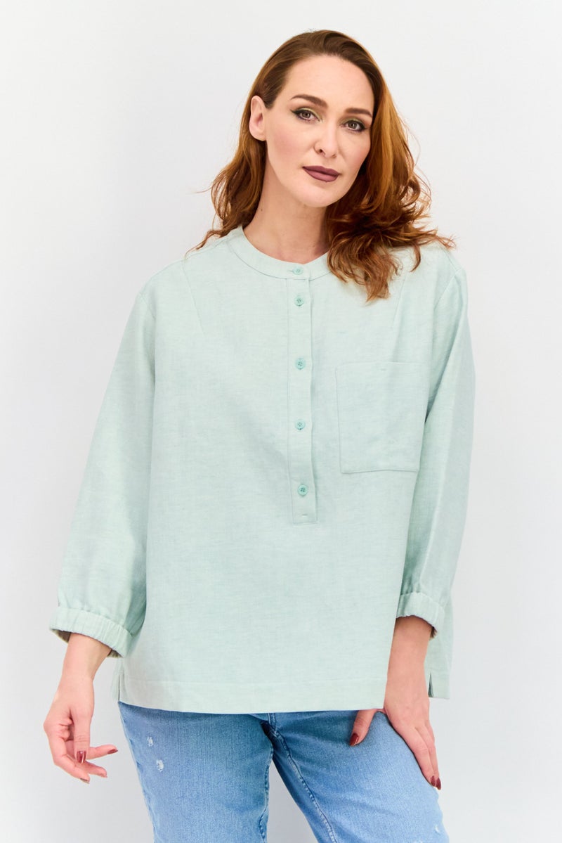 NAH/ Studio Women Round Neck Long Sleeve Heather Blouse, Mint Green - Image 1