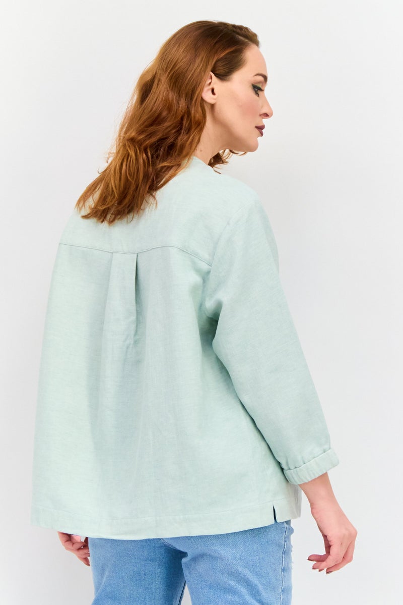 NAH/ Studio Women Round Neck Long Sleeve Heather Blouse, Mint Green - Image 3