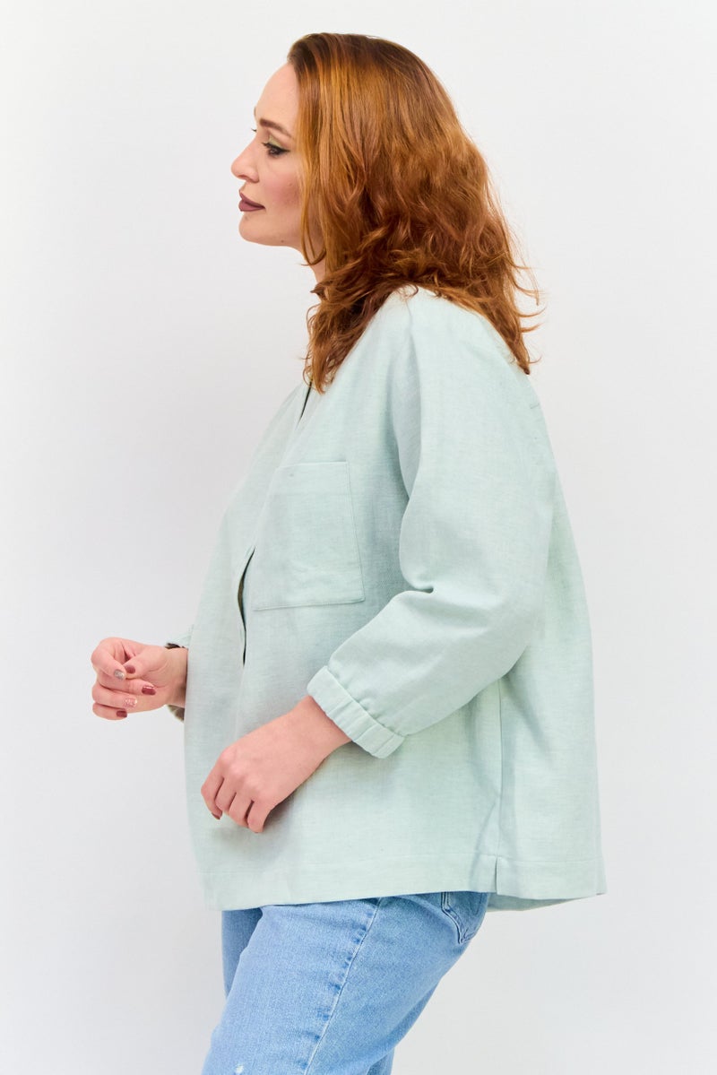 NAH/ Studio Women Round Neck Long Sleeve Heather Blouse, Mint Green - Image 2