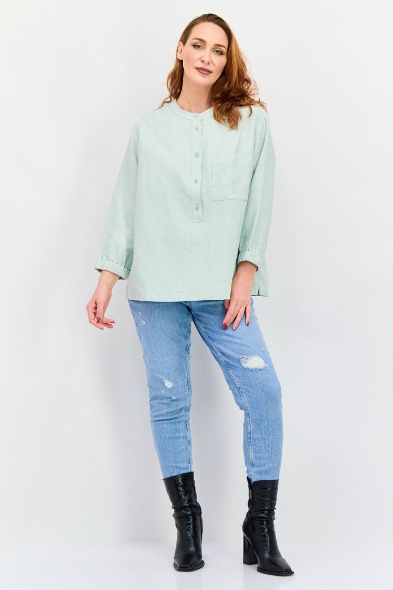 NAH/ Studio Women Round Neck Long Sleeve Heather Blouse, Mint Green - Image 4