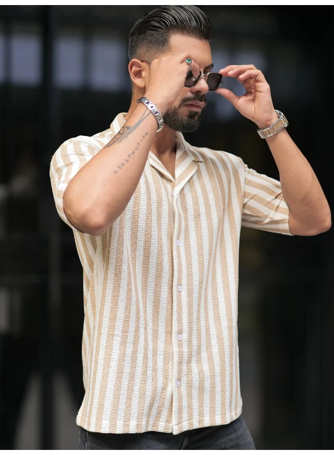 Maniac  Maniac Mens Striped Collared Neck Half Sleeve Beige and White Waffle Knitted Shirt for Men | Best Price UAE