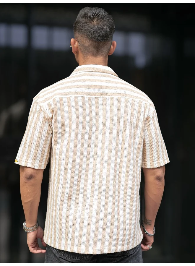 Maniac  Maniac Mens Striped Collared Neck Half Sleeve Beige and White Waffle Knitted Shirt for Men | Best Price UAE