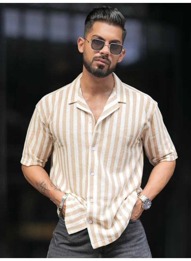 Maniac Mens Striped Collared Neck Half Sleeve Beige and White Waffle Knitted Shirt