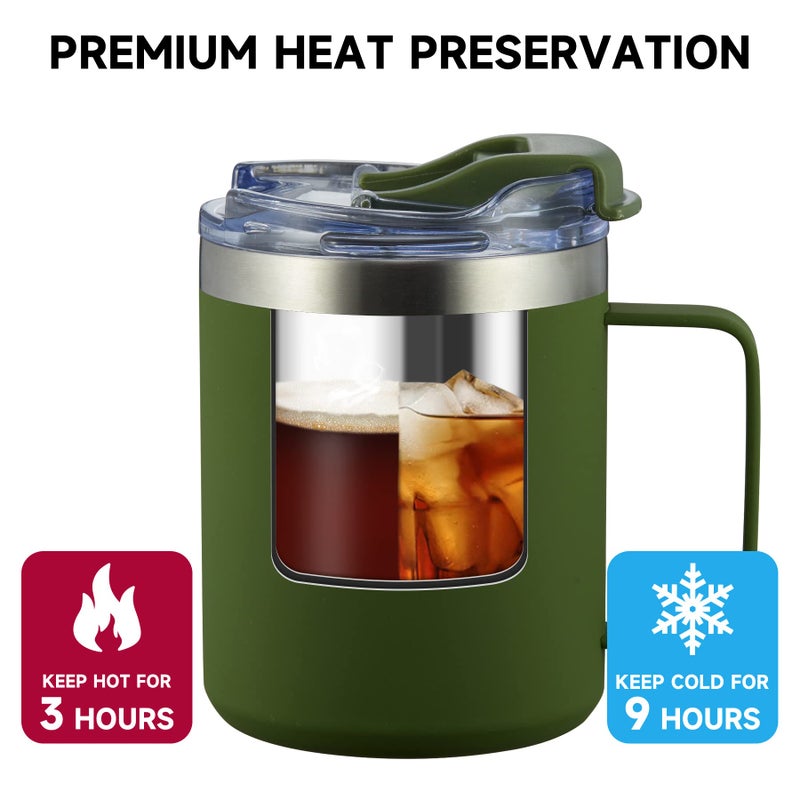 ALOUFEA 12oz Insulated Coffee Mug Cup with Handle  Stainless Steel Travel Coffee Mug with Flip Lid  Double Wall Vacuum Coffee Tumbler  ArmyGreen - Image 3