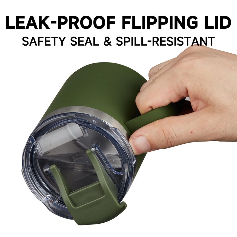 ALOUFEA 12oz Insulated Coffee Mug Cup with Handle  Stainless Steel Travel Coffee Mug with Flip Lid  Double Wall Vacuum Coffee Tumbler  ArmyGreen - Image 2