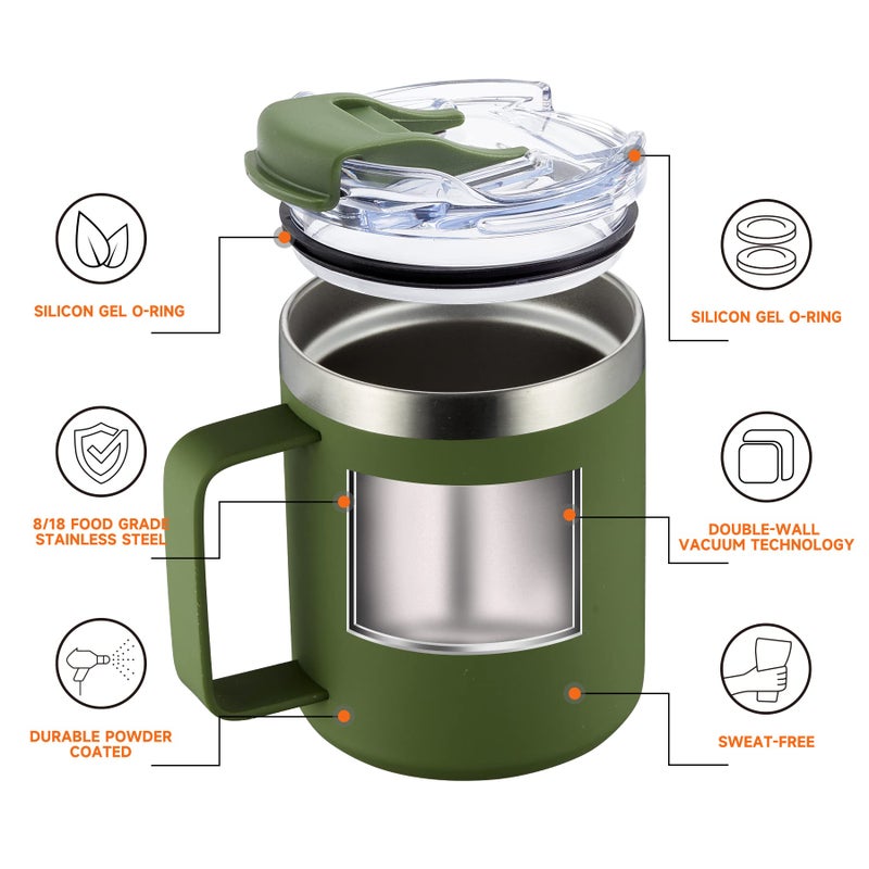 ALOUFEA 12oz Insulated Coffee Mug Cup with Handle  Stainless Steel Travel Coffee Mug with Flip Lid  Double Wall Vacuum Coffee Tumbler  ArmyGreen - Image 4