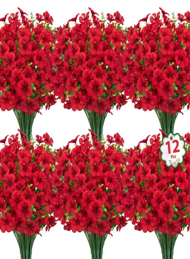 Roberly 12 Pcs Artificial Geranium Flowers for Outdoors, Silk Fake Flowers with Eucalyptus UV Resistant Faux Plants Artificial Greenery for Garden Patio Porch Yard Spring Summer Home Table Decor, Red - Image 1