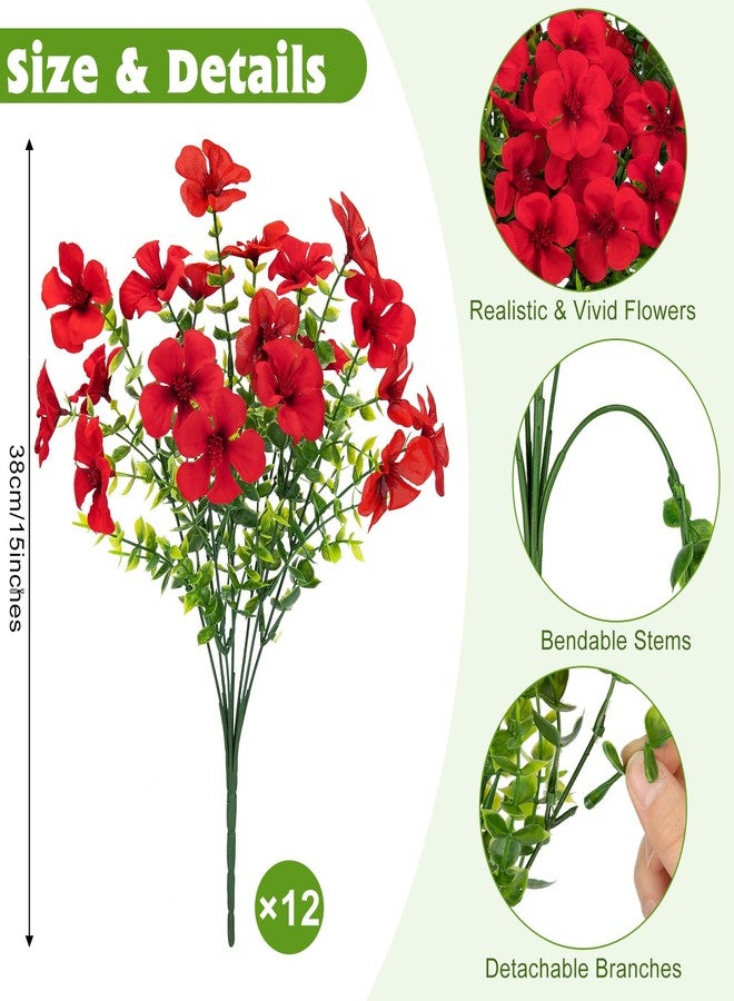 Roberly 12 Pcs Artificial Geranium Flowers for Outdoors, Silk Fake Flowers with Eucalyptus UV Resistant Faux Plants Artificial Greenery for Garden Patio Porch Yard Spring Summer Home Table Decor, Red - Image 2