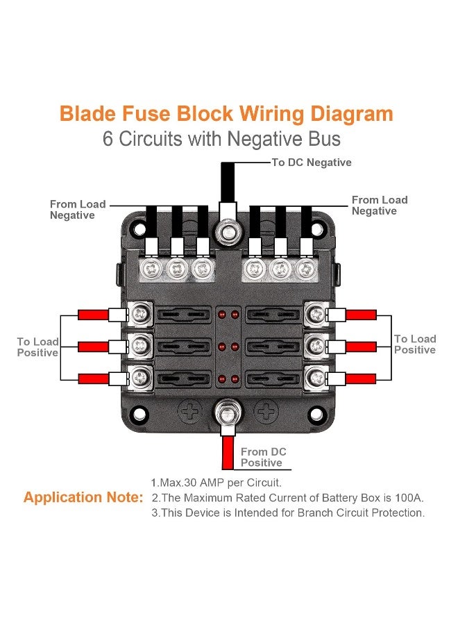 6 Way Blade Fuse Block - 12V Waterproof Fuse Box Holder with LED Indicator, 6 Circuit Negative Bus for Automotive, Truck, Boat, Marine, RV, Van - Image 2