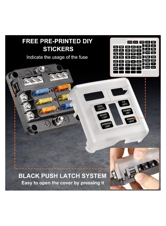 6 Way Blade Fuse Block - 12V Waterproof Fuse Box Holder with LED Indicator, 6 Circuit Negative Bus for Automotive, Truck, Boat, Marine, RV, Van - Image 3