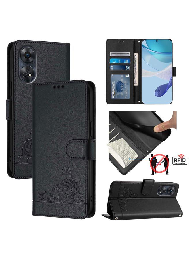 اس-توب جراب لهاتف OPPO Reno8 T 4G Global Cat Rat من الجلد المنقوش بتقنية RFID مع حبل تعليق - Image 1