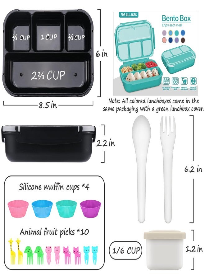 QQKO Bento Box for Kids Adults, School Toddler Lunch Box for Boys Girls, Lunch Box Containers with 4 Compartments, Sauce Container, Utensils, Food Picks and Muffin Cups for School, Black Gray - Image 2