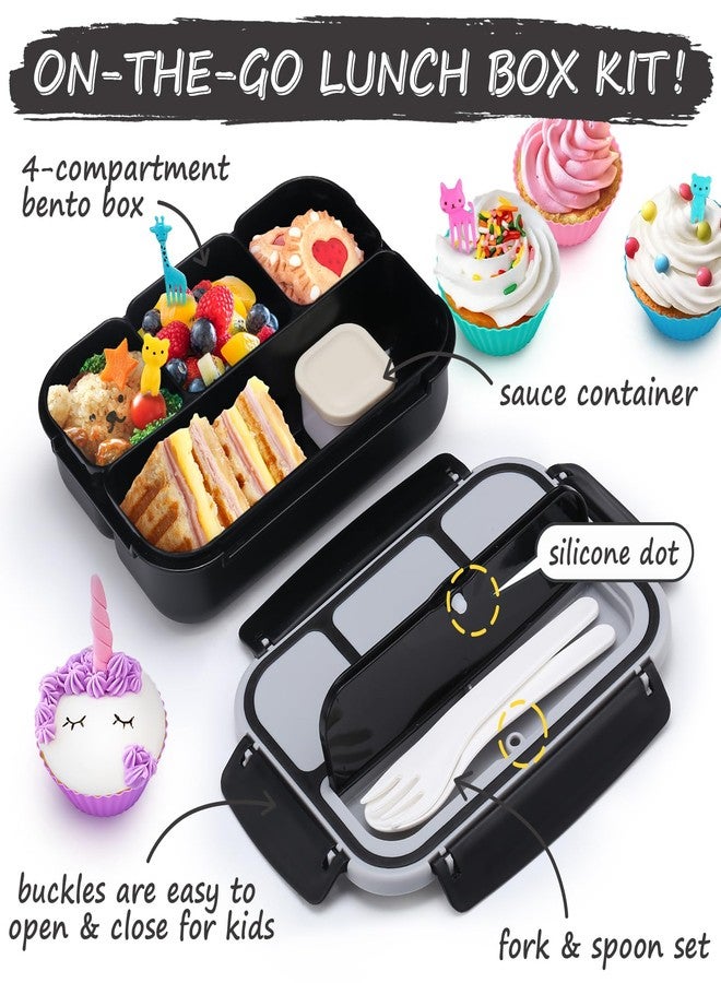 QQKO Bento Box for Kids Adults, School Toddler Lunch Box for Boys Girls, Lunch Box Containers with 4 Compartments, Sauce Container, Utensils, Food Picks and Muffin Cups for School, Black Gray - Image 3