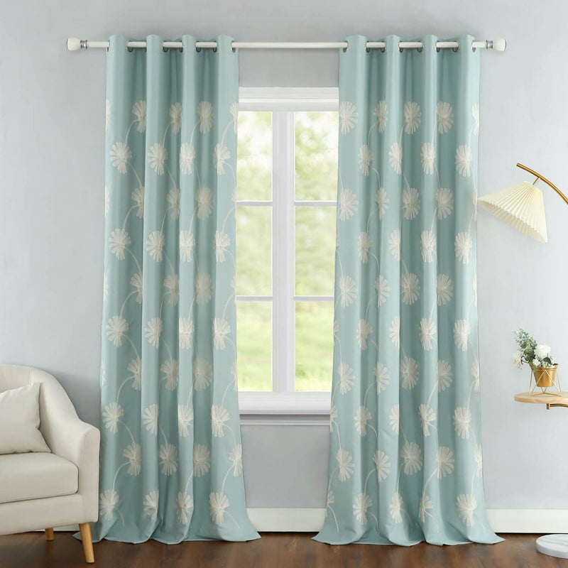 VOGOL(2 Panels) Floral Patten Embroidered Elegant Faux Linen Grommet Curtains/Thermal Insulated 60% Blackout/Heavy Drapes for Bedroom/Living Room,Energy Efficient Window Treatment Panels,52 x 63 Inch - Image 1