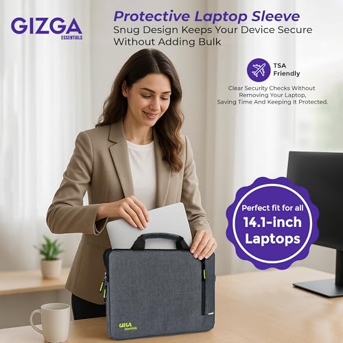 Gizga Essentials 14.1 Inch Laptop Sleeve Case Cover Pouch Bag with Handle & Front Pocket| Slim & Water-Resistant Nylon Fabric with Shockproof Foam Padding, Soft Lining & Premium Zipper Closure (Grey) - Image 2