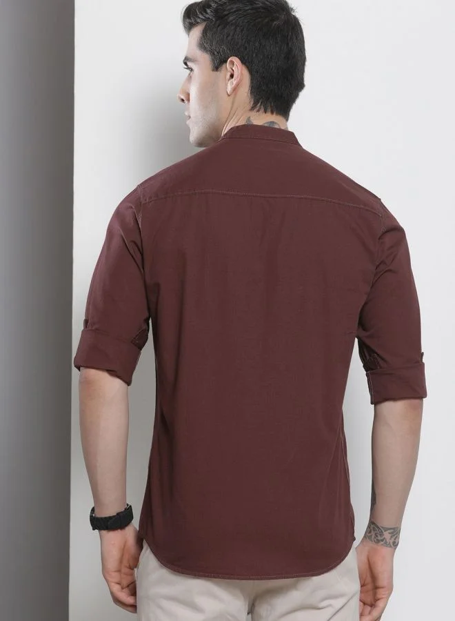 The Indian Garage Co Men Regular Fit Solid Full Sleeves Mandarin Collar Casual Shirt