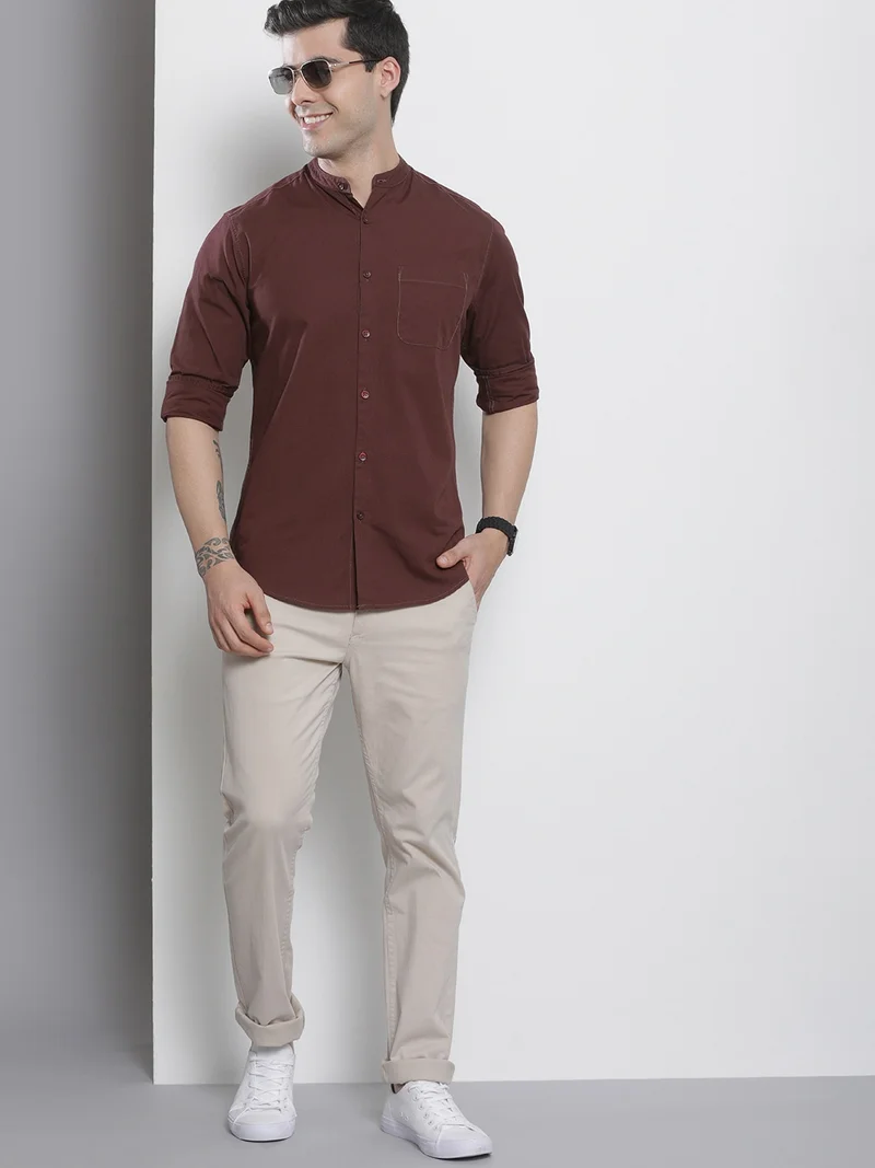 The Indian Garage Co Men Regular Fit Solid Full Sleeves Mandarin Collar Casual Shirt