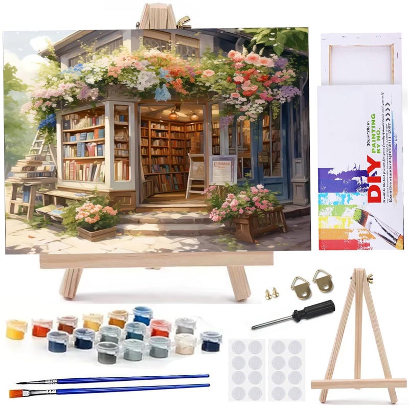 MaiMMaledy Paint by Numbers Kit for Adults Beginners Canvas Pictures with Framed Drawing Painting Acrylic Pigment with Wooden Triangle Easel Bookstore 8Wx12L inch - Image 1