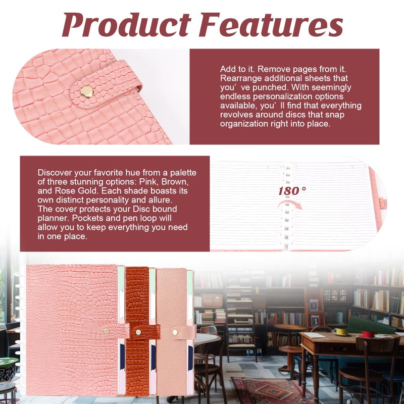 SKLENICE PU Leather Discbound Notebook 8.5" x 11" Disc Bound Planner Supplies With Discs 5 Tab Note Dividers & 60 Pages Wide Ruled Disc Planner for Work Travel Note Taking (Letter Size,Pink) - Image 4