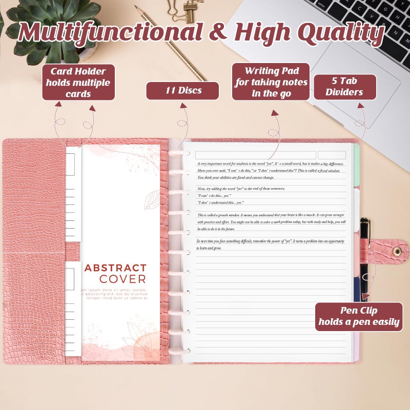 SKLENICE PU Leather Discbound Notebook 8.5" x 11" Disc Bound Planner Supplies With Discs 5 Tab Note Dividers & 60 Pages Wide Ruled Disc Planner for Work Travel Note Taking (Letter Size,Pink) - Image 5