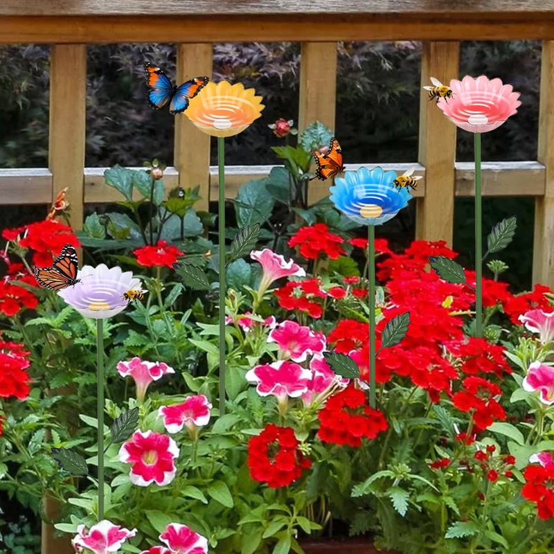 hogardeck Garden Decor for Outside, 4 Pcs 25.8" Metal Bee Watering Station, Flower Design with Stakes, Butterfly Feeder Bird Bath for Outside Yard Patio Lawn (Blue, Yellow, Pink, White) - Image 4